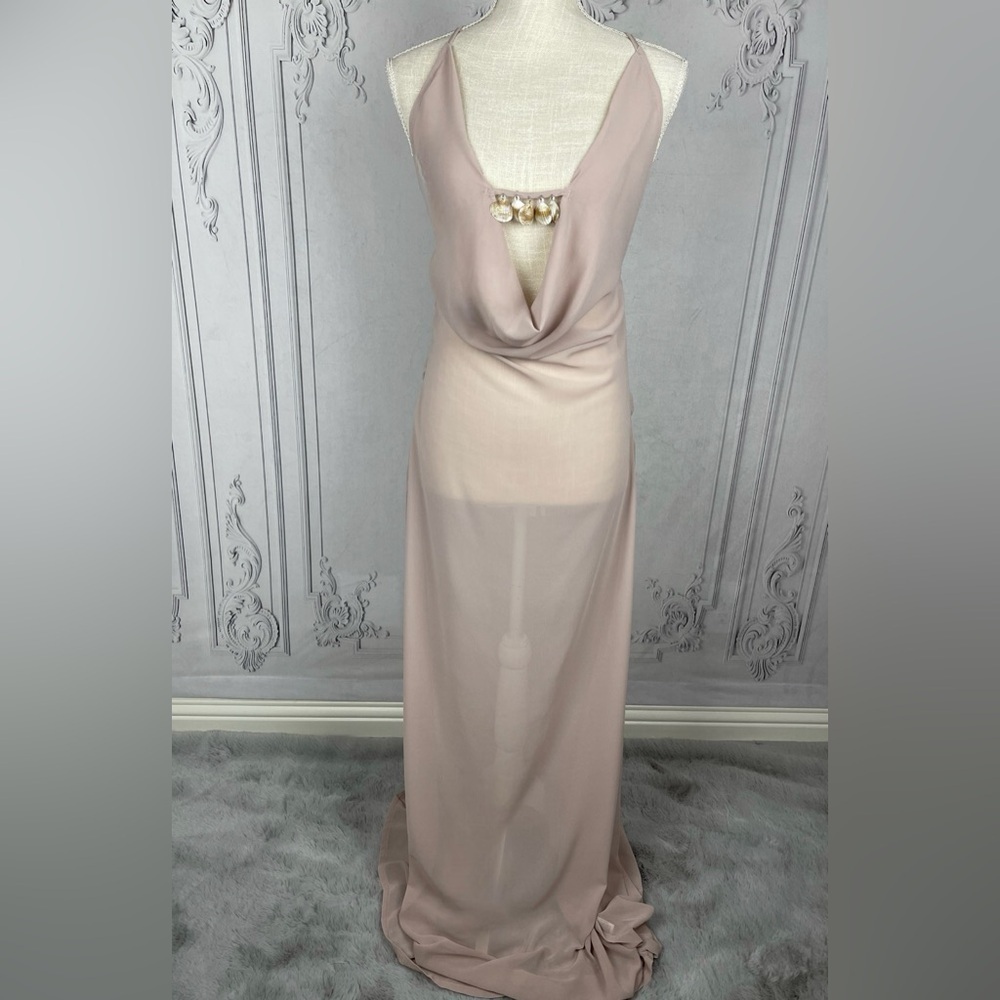 Elegant Chiffon Evening Gown Shell Trim Backless Sheer Maxi Dress Cocktail Party - Picture 7 of 14